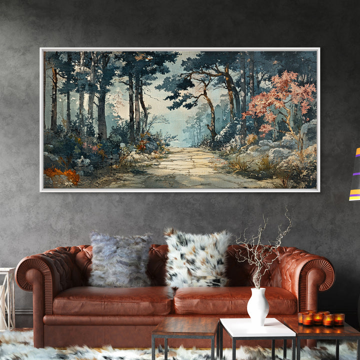 Misty Forest Path With Pink Blossoms Wall Art, Moody Woodland Canvas Print For Nature Decor And Serene Living Room Decor