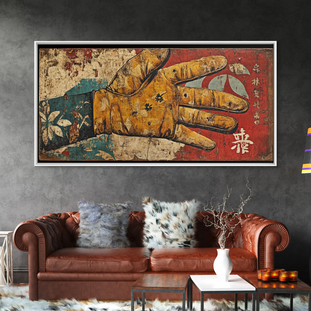 Antique Illustrated Gloved Hand On Red Teal Ground Wall Art, Surreal Canvas Print For Eclectic Decor And Statement Wall Decor
