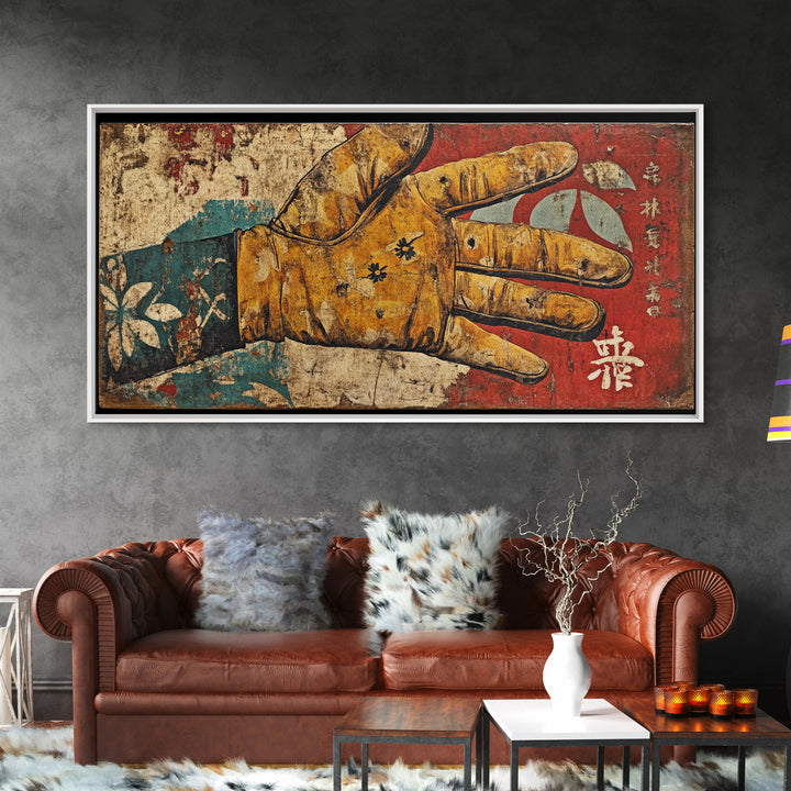 Antique Illustrated Gloved Hand On Red Teal Ground Wall Art, Surreal Canvas Print For Eclectic Decor And Statement Wall Decor
