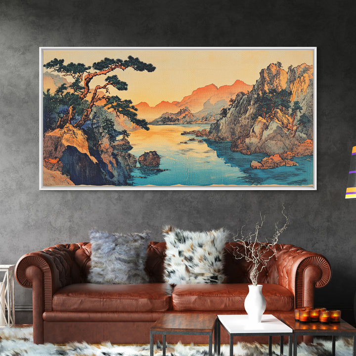 Serene Asian River Valley With Pine And Cliffs Framed Canvas Print, Japanese Landscape Art, Coastal Wall Decor, Zen Home Decor
