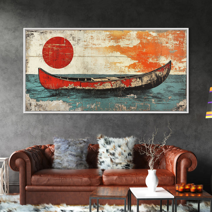 Weathered Red Canoe Beneath Rising Sun Canvas Print, Nautical Wall Art, Minimalist Ocean Art, Coastal Lake House Decor, Gift For Him