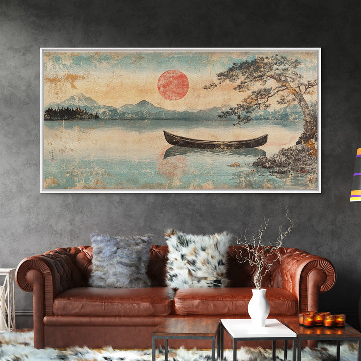 Quiet Canoe On Misty Mountain Lake Wall Art, Japanese Landscape Print, Serene Nature Home Decor, Above Bed Horizontal Art