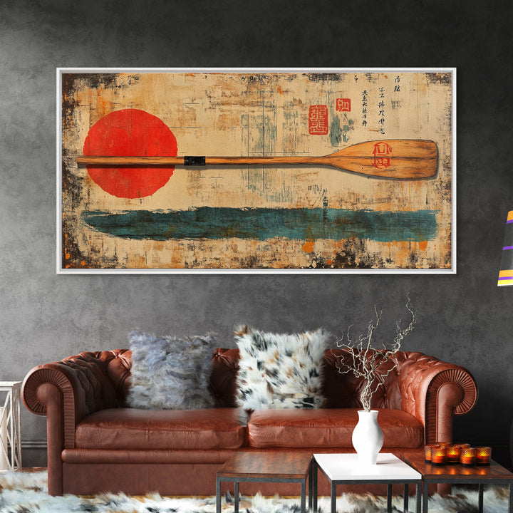 Wooden Canoe Paddle With Red Sun Canvas Print, Japanese Wall Art, Rustic Nautical Decor, Lake House Gift, Long Horizontal Art