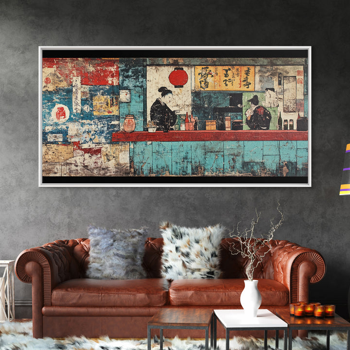 Retro Japanese Ramen Shop With Chef And Diner Canvas Print, Kitchen Wall Art, Restaurant Decor, Asian Food Poster, Home Decor