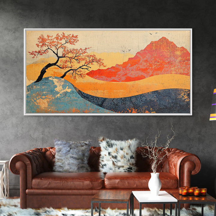 Red Mountain And Blossoming Tree Wall Art, Japanese Landscape Canvas Decor, Abstract Nature Print For Bedroom Or Office Decor