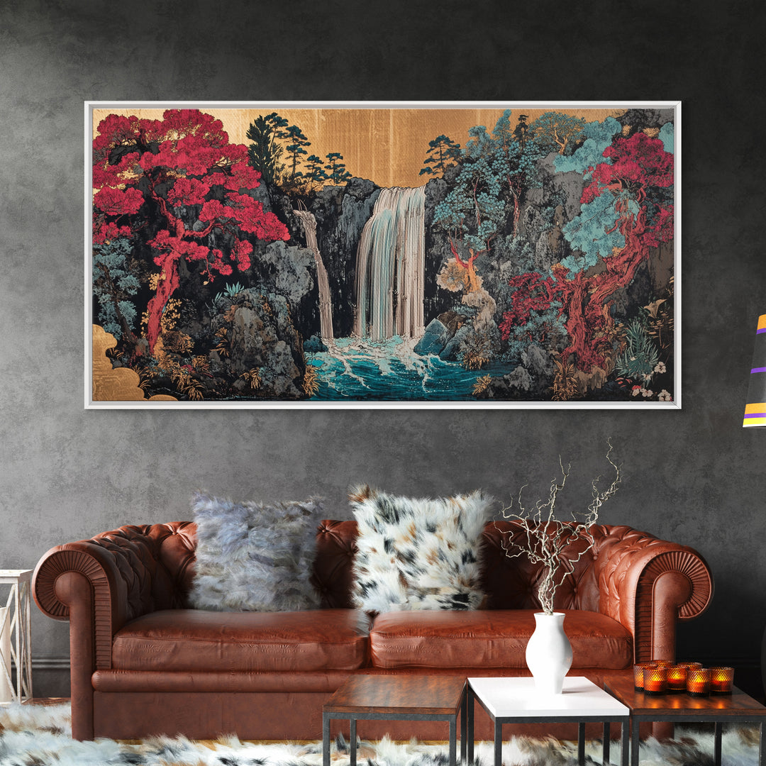 Lush Waterfall With Pink Forest Wall Art, Japanese Garden Canvas Decor, Moody Botanical Landscape Print For Living Room Decor