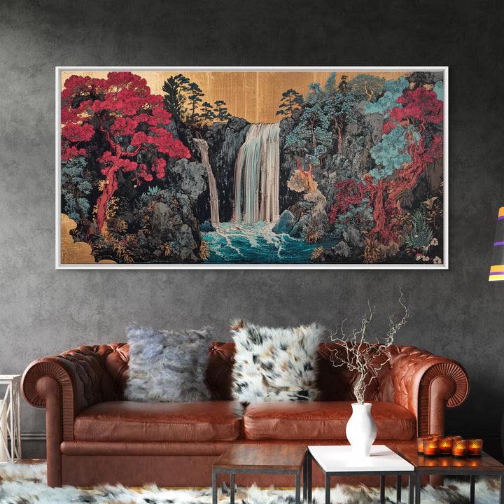 Lush Waterfall With Pink Forest Wall Art, Japanese Garden Canvas Decor, Moody Botanical Landscape Print For Living Room Decor