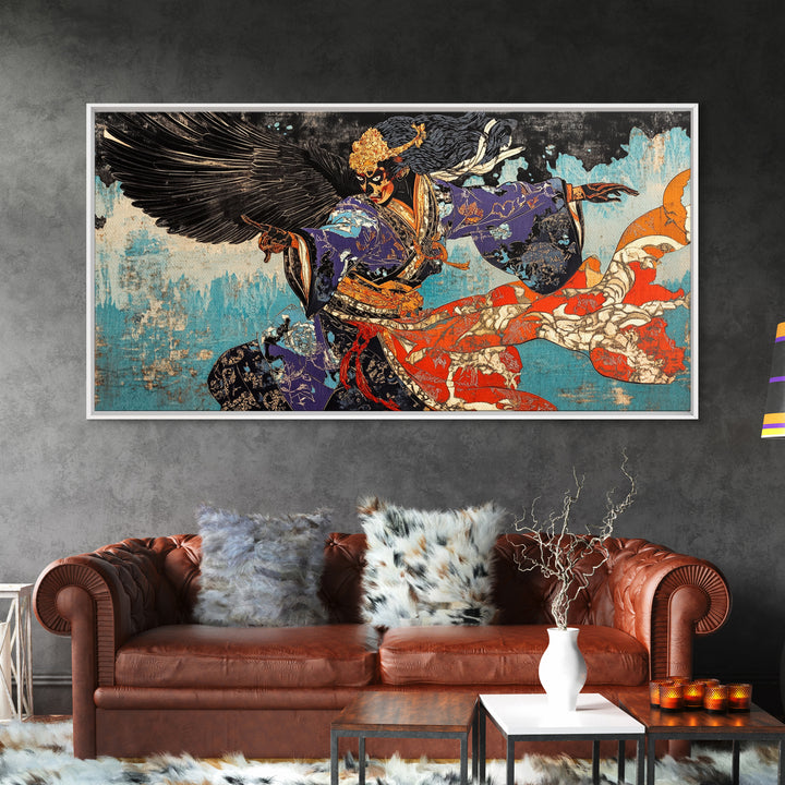 Winged Samurai Warrior In Blue Kimono Wall Art, Japanese Mythological Canvas Decor, Dramatic Fantasy Art Print For Office