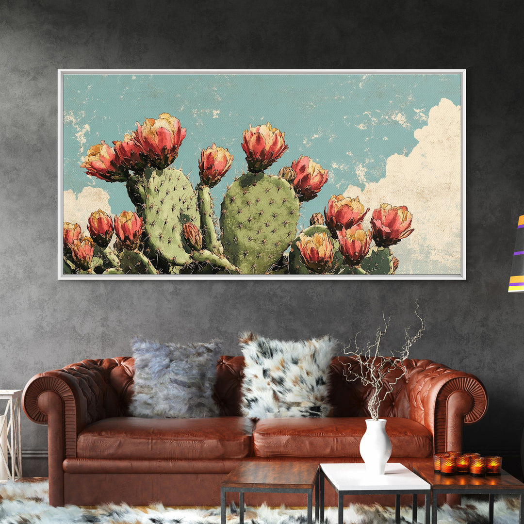Blooming Prickly Pear Cactus Wall Art, Desert Botanical Canvas Decor, Southwestern Floral Print For Bedroom Or Living Room