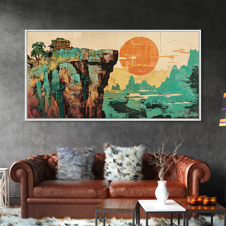 Cliffside Temple And Orange Sun Framed Canvas Print, Asian Landscape Wall Art, Japandi Home Decor For Modern Living Room