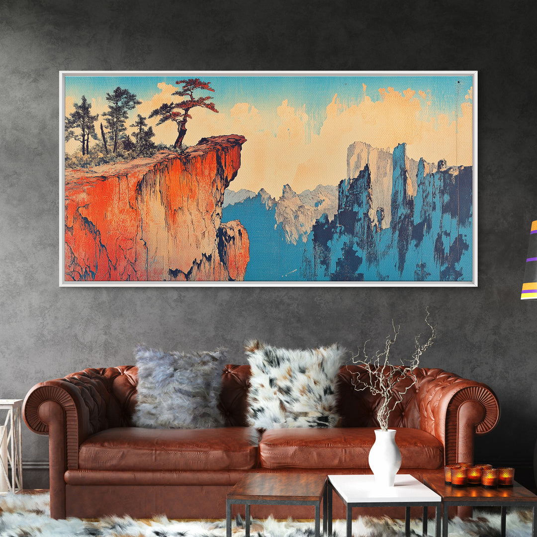 Red Canyon Cliff With Windswept Pines Canvas Print, Asian Mountain Landscape Wall Art, Large Japandi Home Decor For Living Room