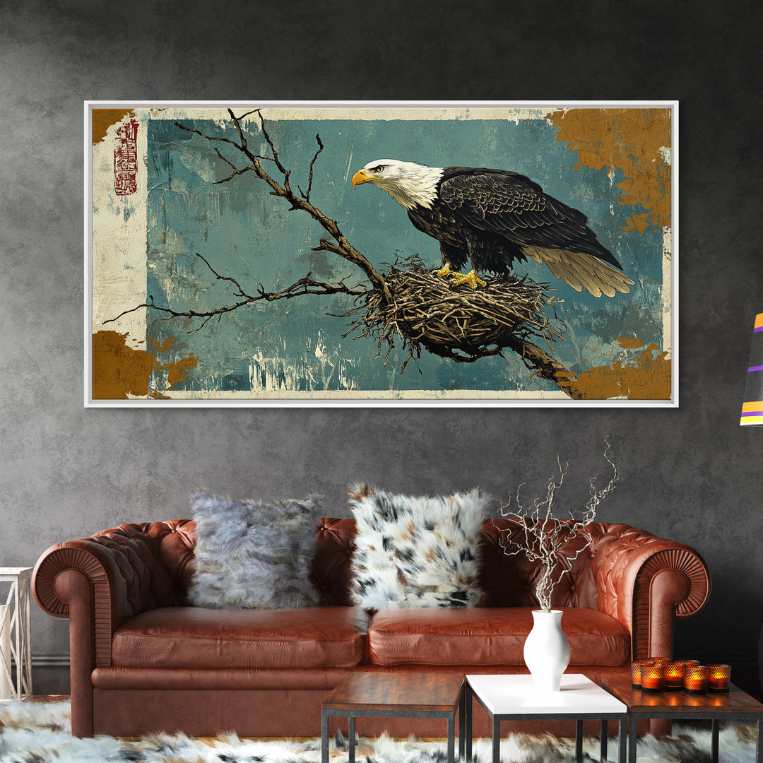 Bald Eagle On Nest With Bare Branches Wall Art, Wildlife Canvas Print, Rustic Nature Home Decor For Office Or Living Room