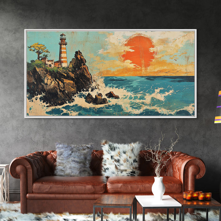Rocky Lighthouse At Orange Ocean Sunset Framed Canvas Print, Nautical Coastal Wall Art, Beach House Decor Gift For Living Room