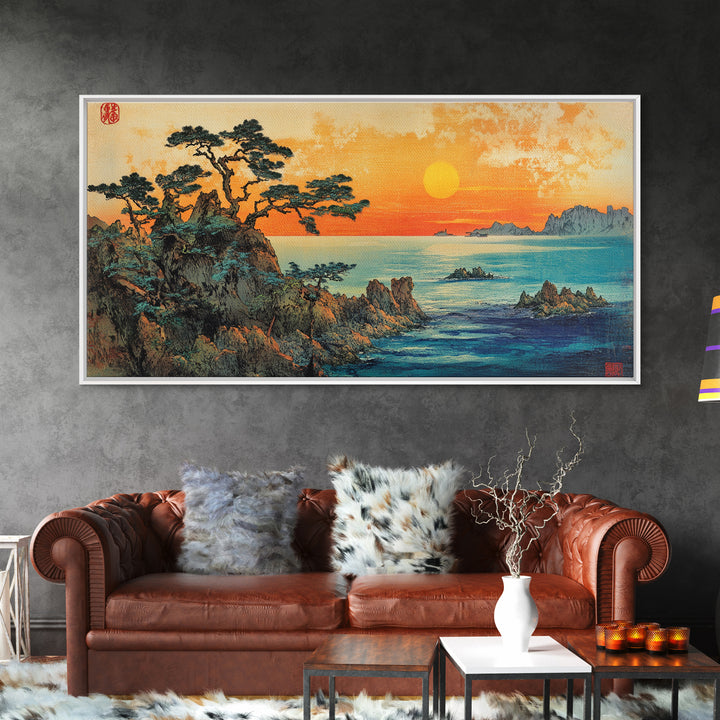Golden Sunset Over Pine Covered Rocky Coast Canvas Print, Coastal Landscape Wall Art, Serene Beach House Decor For Living Room