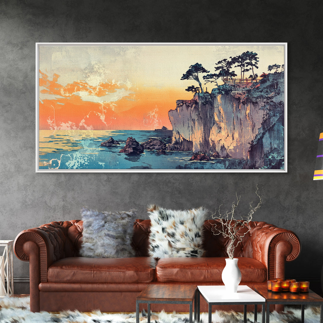 Sunset Sea Cliffs With Windswept Pines Wall Art, Coastal Canvas Print, Ocean Landscape Home Decor For Modern Living Room