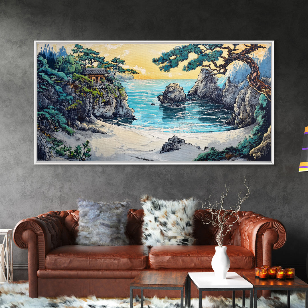 Secluded Turquoise Cove With Cliffside Temple Framed Canvas Print, Japanese Coastal Wall Art, Japandi Home Decor For Living Room
