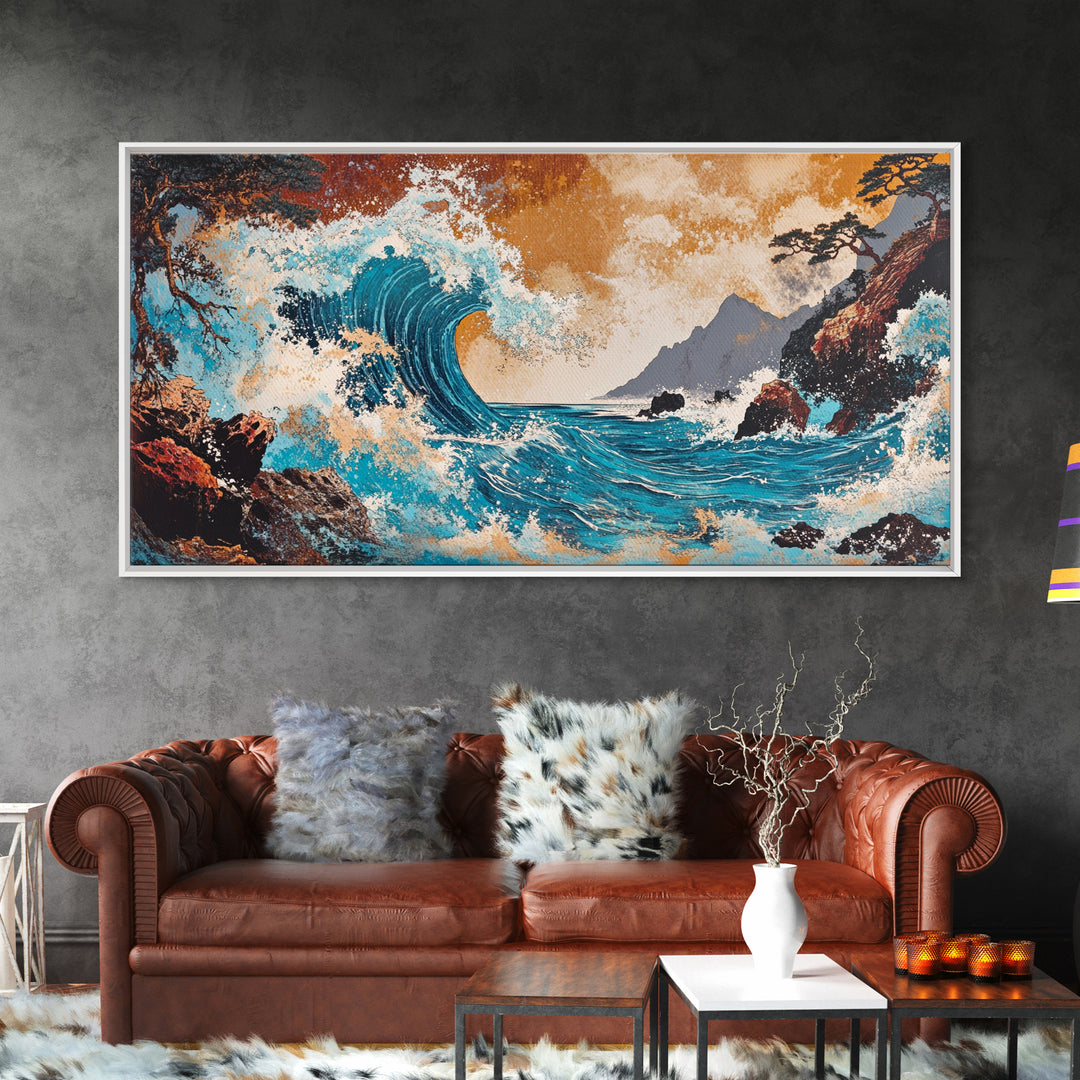 Crashing Turquoise Wave Between Rocky Cliffs Canvas Print, Japanese Ocean Wall Art, Dramatic Coastal Home Decor For Living Room