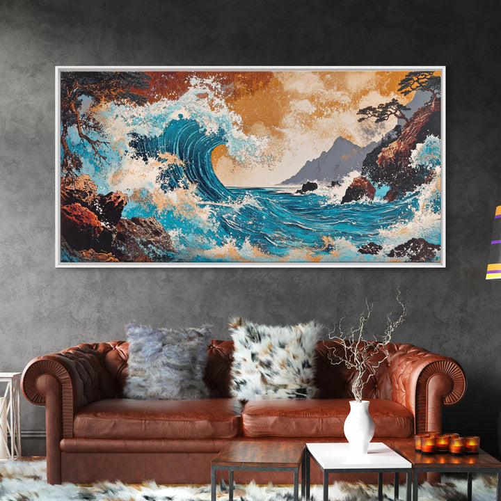 Crashing Turquoise Wave Between Rocky Cliffs Canvas Print, Japanese Ocean Wall Art, Dramatic Coastal Home Decor For Living Room