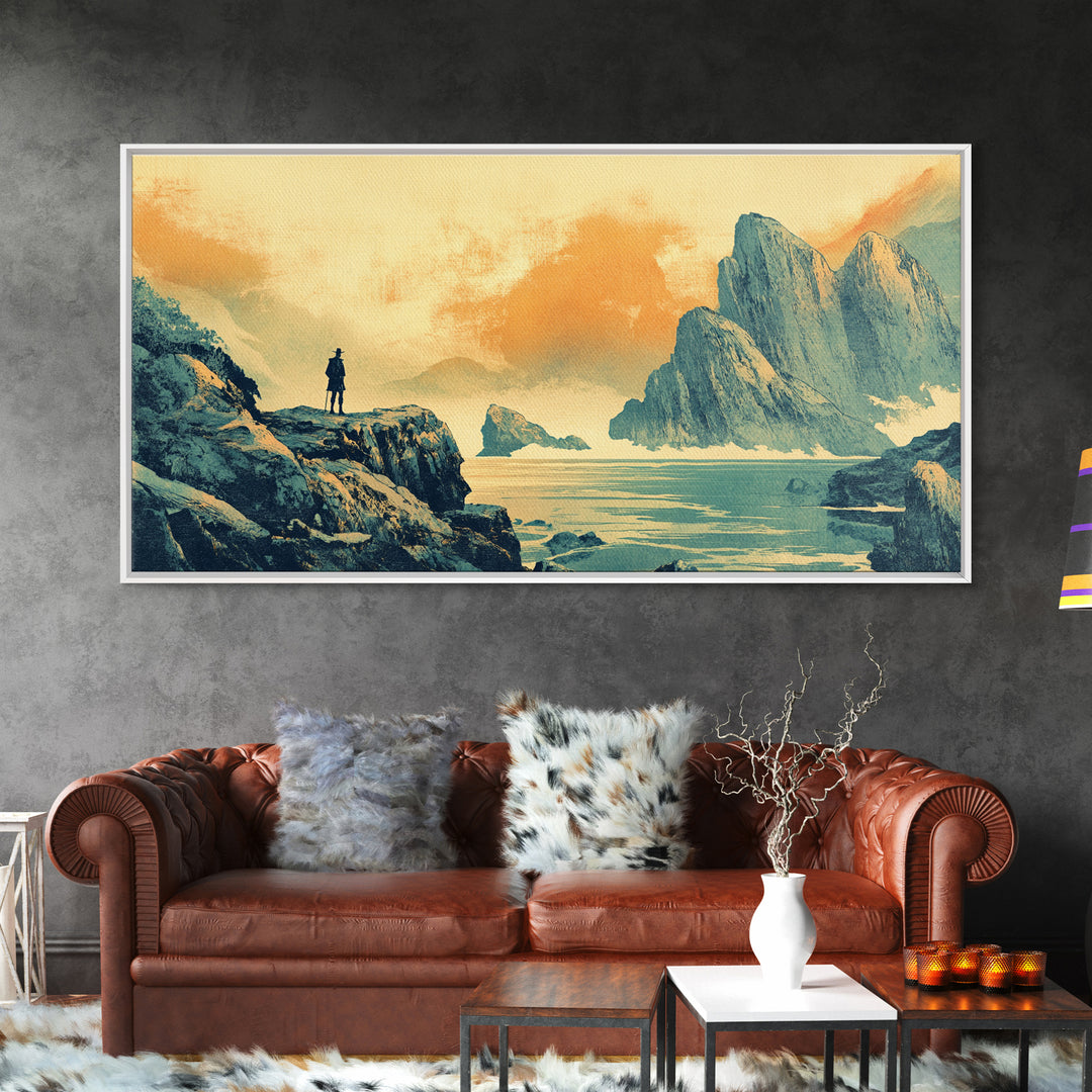 Lone Traveler Over Misty Mountain Lake Framed Canvas Print, Asian Landscape Wall Art, Calming Japandi Home Decor For Living Room