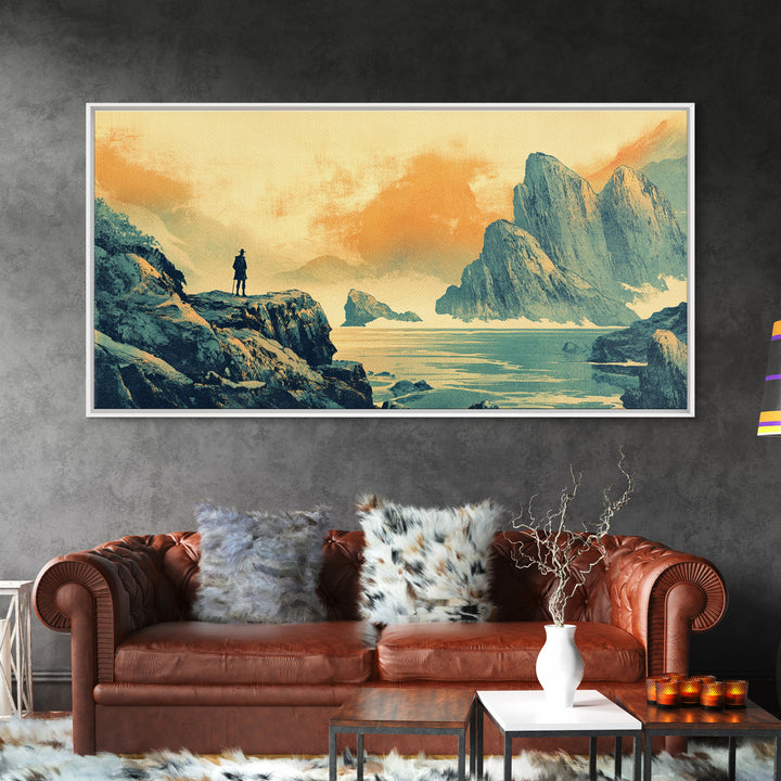 Lone Traveler Over Misty Mountain Lake Framed Canvas Print, Asian Landscape Wall Art, Calming Japandi Home Decor For Living Room