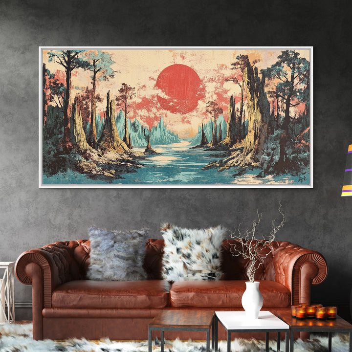Cypress Swamp River At Red Sun Sunset Canvas Print, Bayou Landscape Wall Decor, Rustic Nature Art, Living Room Decor, Housewarming Gift