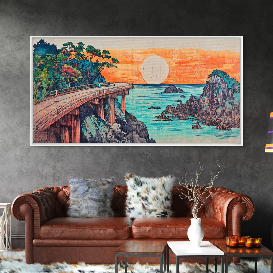 Retro Coastal Bridge Over Turquoise Sea Framed Canvas Print, Japanese Landscape Art, Beach House Decor, Large Wall Art, Art Print