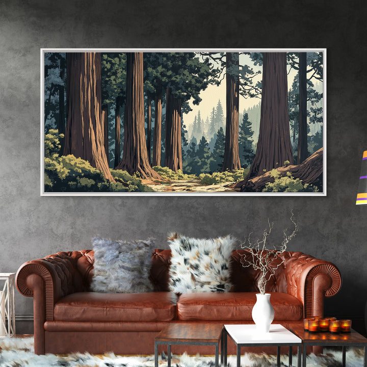 Towering Redwood Forest Trail With Tall Trees Wall Art, Nature Landscape Print, Rustic Cabin Decor, Office Wall Decor, Large Wall Art