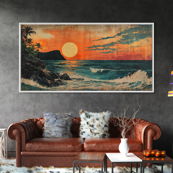 Tropical Island Sunset With Orange Sky And Waves Framed Canvas Print, Coastal Wall Art, Beach House Decor, Ocean Art, Living Room Decor