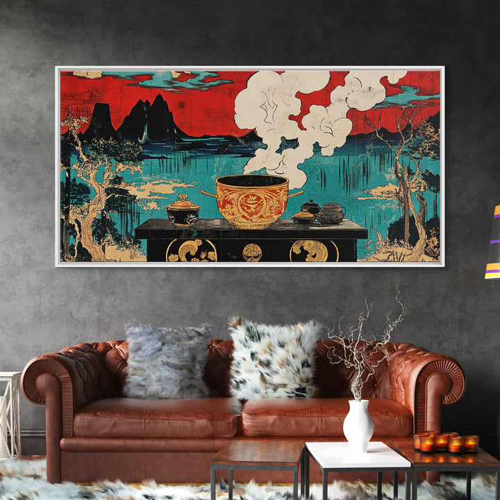 Steaming Tea Pot Before Asian Lake And Red Sky Canvas Print, Japanese Kitchen Wall Art, Zen Dining Room Decor, Tea Lover Gift