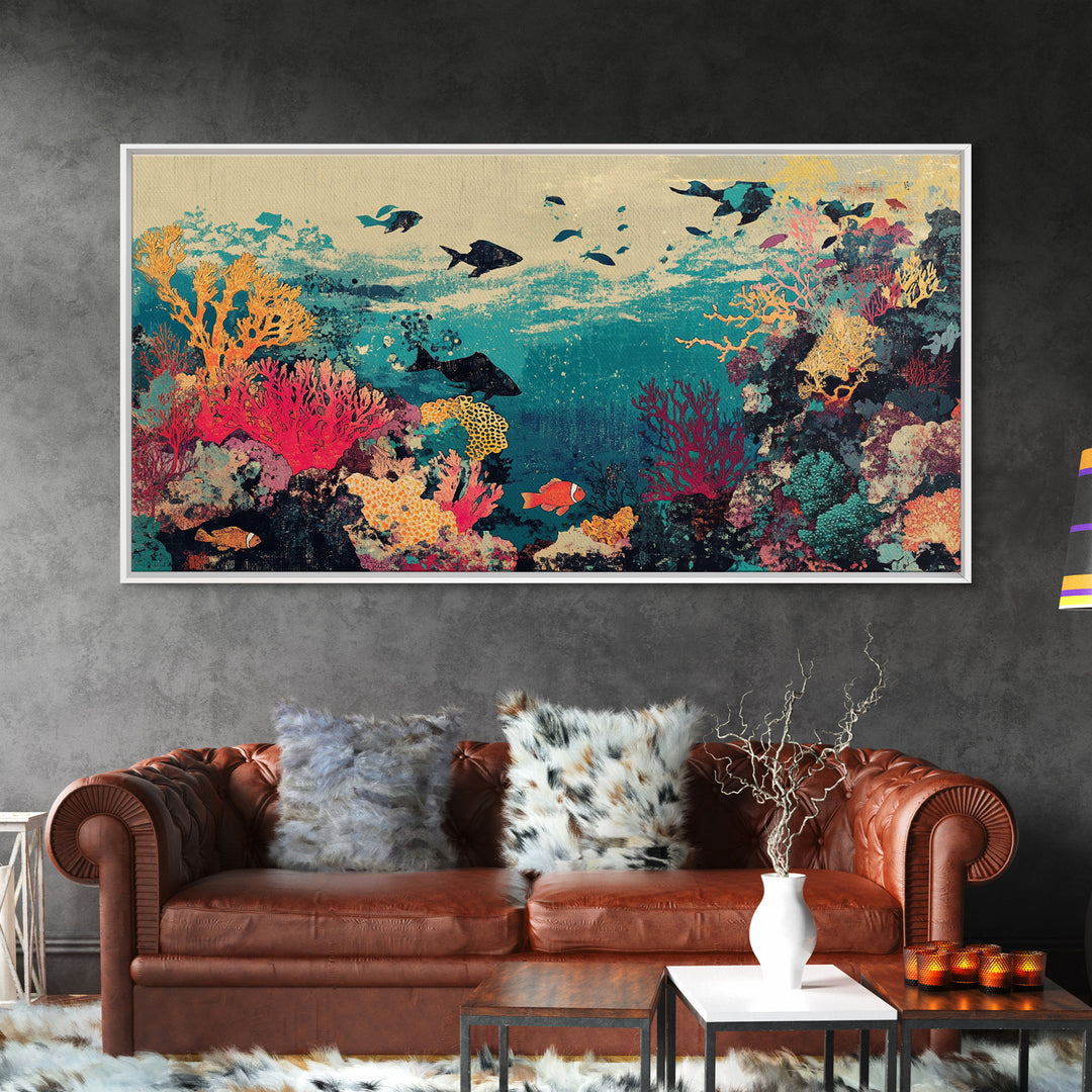 Vibrant Coral Reef Fish And Sharks Wall Art, Coastal Ocean Canvas Decor, Tropical Sea Life Print, Beach House Gift, Living Room Decor