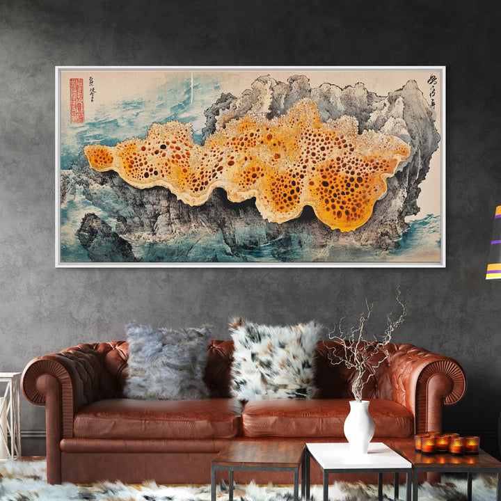 Orange Sea Sponge On Rock Wall Art, Japanese Coastal Print, Ocean Life Decor, Textured Marine Canvas, Beach House Gift, Wall Decor