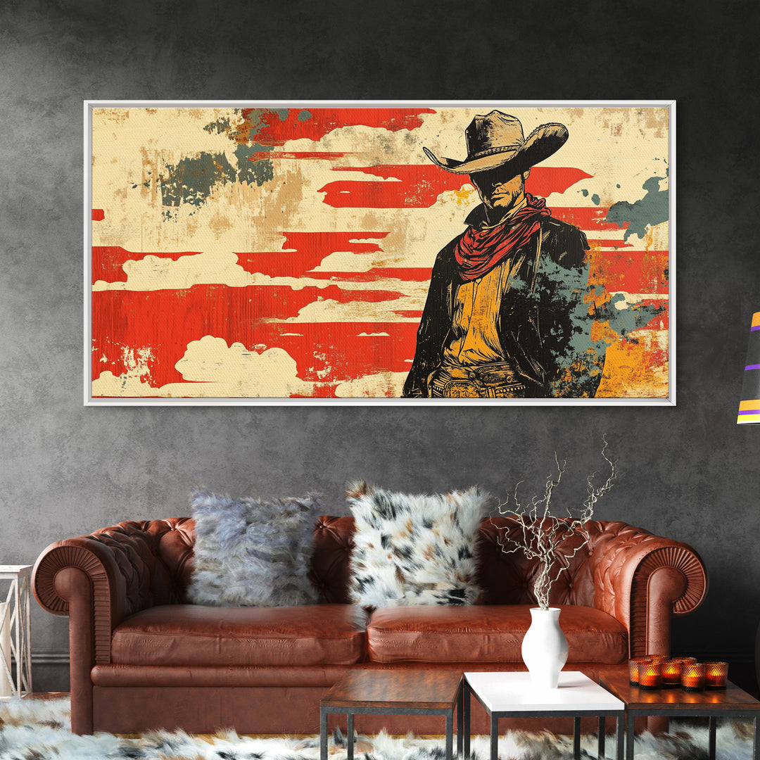Lone Cowboy Under Red Sky Wall Art, Western Canvas Print, Rustic Ranch Decor, Masculine Office Art, Gift For Him, Cowboy Wall Decor