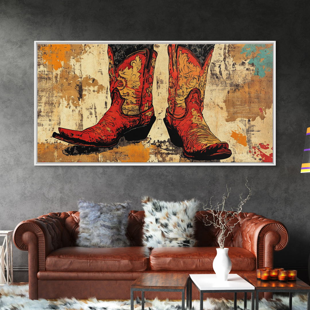 Red Embroidered Cowboy Boots Wall Art, Western Canvas Print, Cowgirl Decor, Rustic Farmhouse Gift, Statement Western Decor