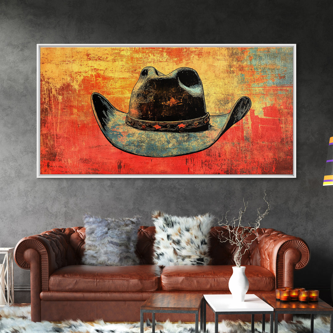 Weathered Blue Cowboy Hat Wall Art, Western Canvas Print, Rustic Ranch Decor, Masculine Man Cave Gift, Southwestern Style