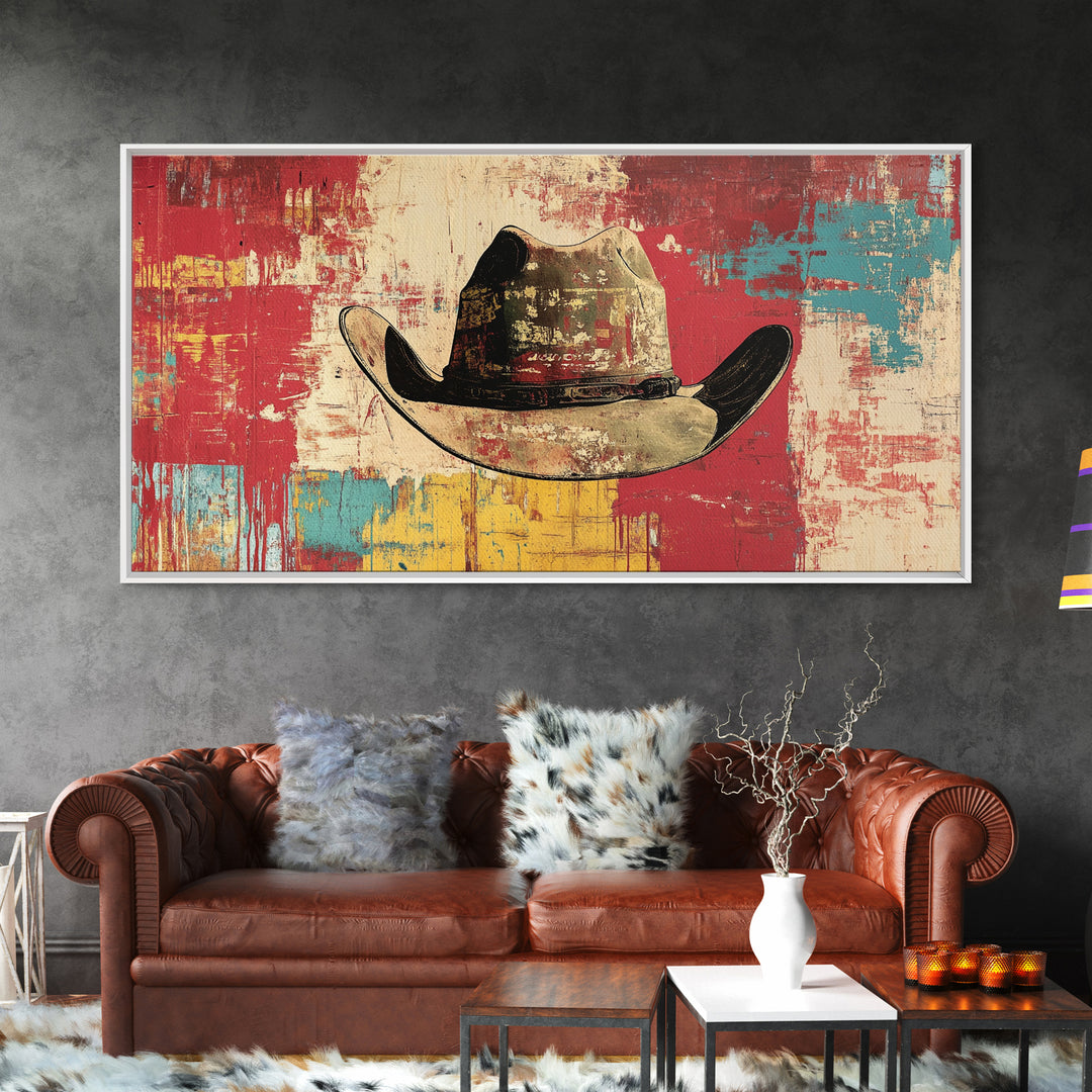 Distressed Cowboy Hat On Red Turquoise Wall Art, Western Canvas Print, Rustic Ranch Decor, Man Cave Gift, Modern Decor Print