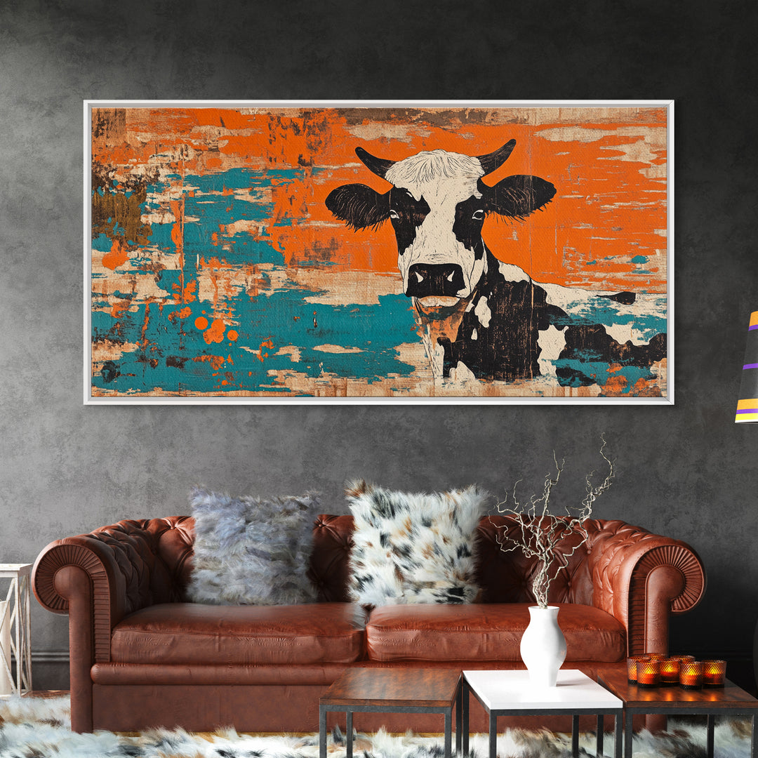 Black And White Cow On Orange Teal Rustic Canvas Print, Farmhouse Wall Art, Kitchen Decor, Country Home Decor Gift For Farmhouse Style