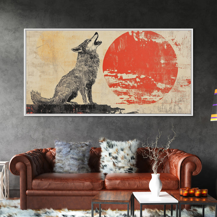 Howling Wolf With Red Sun Framed Canvas Print, Rustic Wildlife Wall Art, Southwestern Decor, Nature Gift For Him, Cabin Home Decor