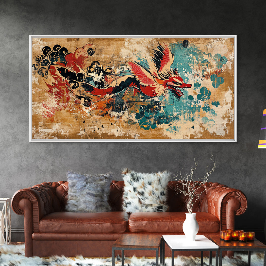 Red Asian Dragon With Teal Grunge Wall Art, Japanese Canvas Print, Fantasy Decor, Vibrant Statement Artwork Gift For Him