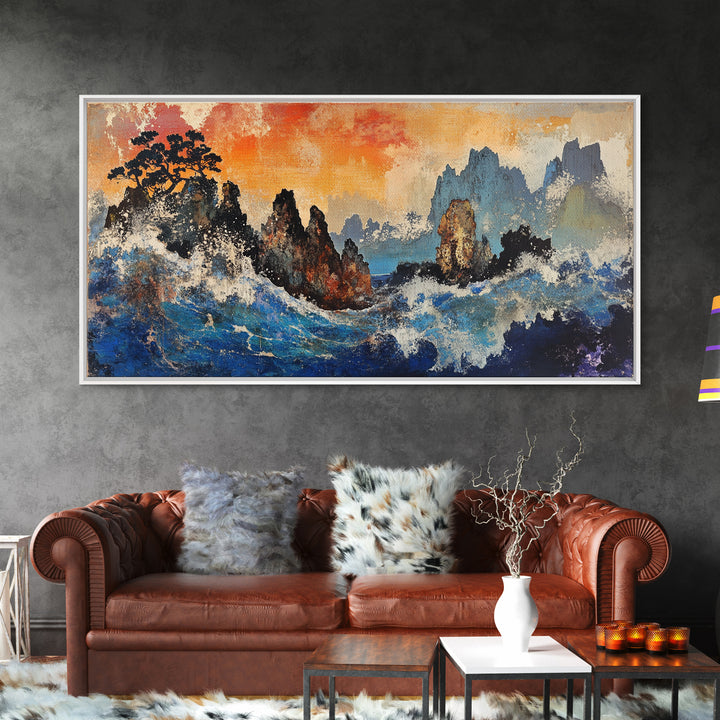 Crashing Blue Waves And Misty Mountains Canvas Print, Asian Landscape Wall Art, Modern Coastal Decor, Living Room Art Print