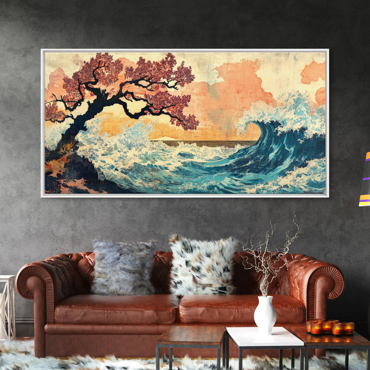 Cherry Blossom Tree And Blue Wave Framed Canvas Print, Japanese Wall Art, Coastal Decor, Serene Bedroom Wall Decor Gifts