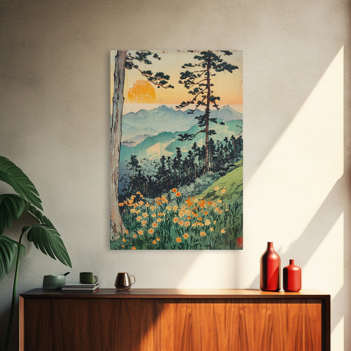 Orange Sun Mountain Forest With Wildflowers Wall Art, Japanese Woodblock Landscape Print, Nature Decor, Living Room Art Print