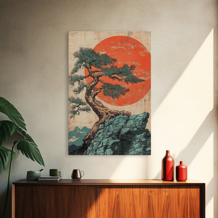 Twisted Pine Tree On Cliff With Red Sun Framed Canvas Print, Japanese Wall Art, Japandi Decor, Zen Landscape Art, Nature Home Decor