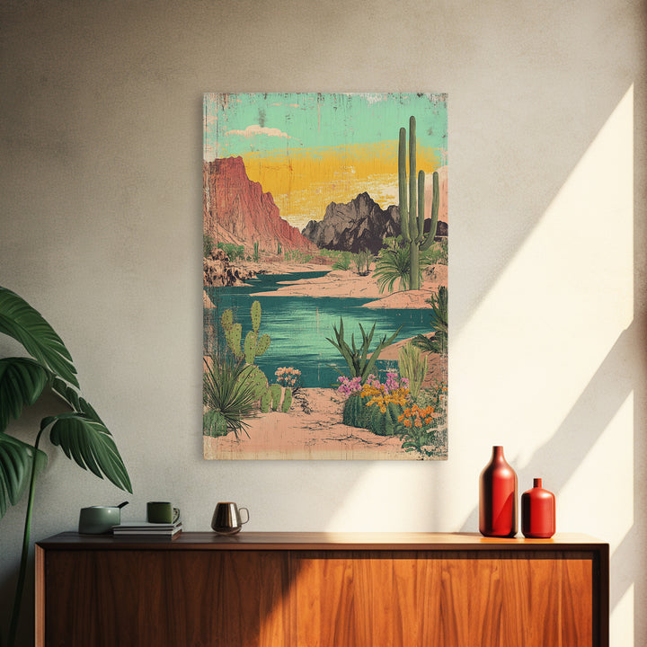 Turquoise Desert River Canyon With Saguaro Cactus Wall Art, Southwestern Landscape Print, Arizona Home Decor, Boho Decor