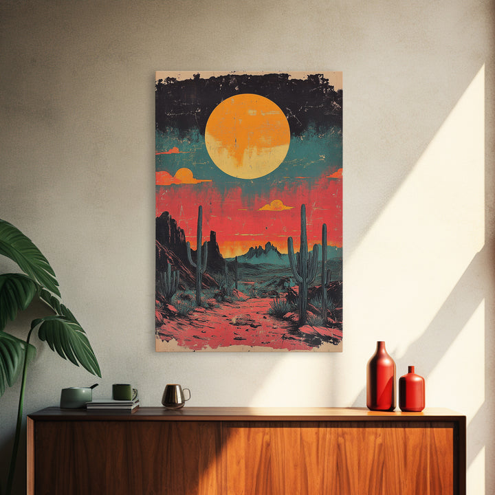 Neon Desert Sunset With Saguaro Cacti Canvas Print, Southwestern Wall Art, Retro Western Decor, Colorful Living Room Art