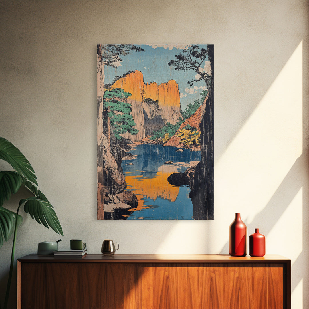 Golden Canyon River Reflection Landscape Wall Art, Japanese Woodblock Style Print, Nature Decor, Large Living Room Art Print