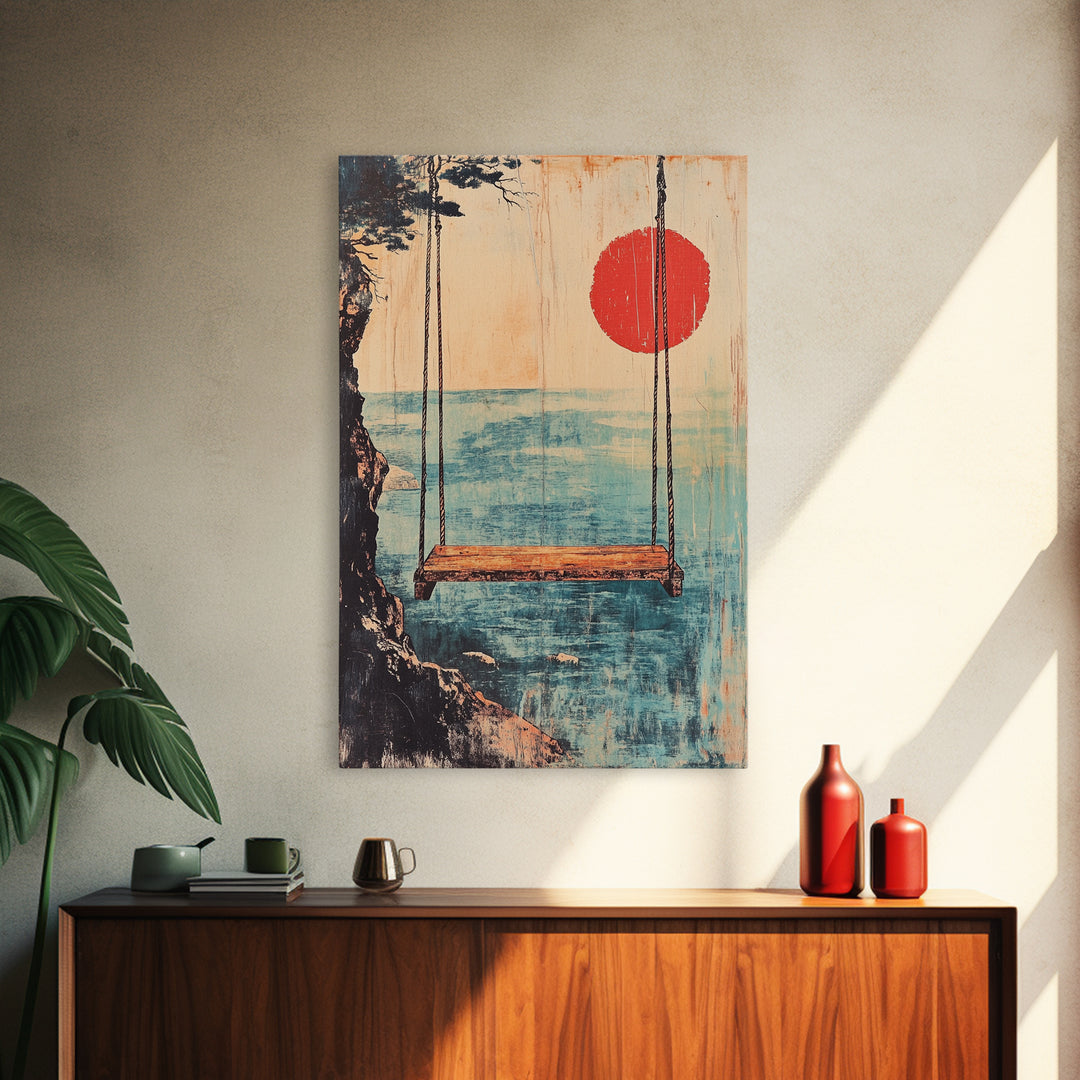 Minimal Japanese Ocean Swing Wall Art, Red Sun Coastal Print, Japandi Wall Decor, Beach House Decor, Calming Canvas Print