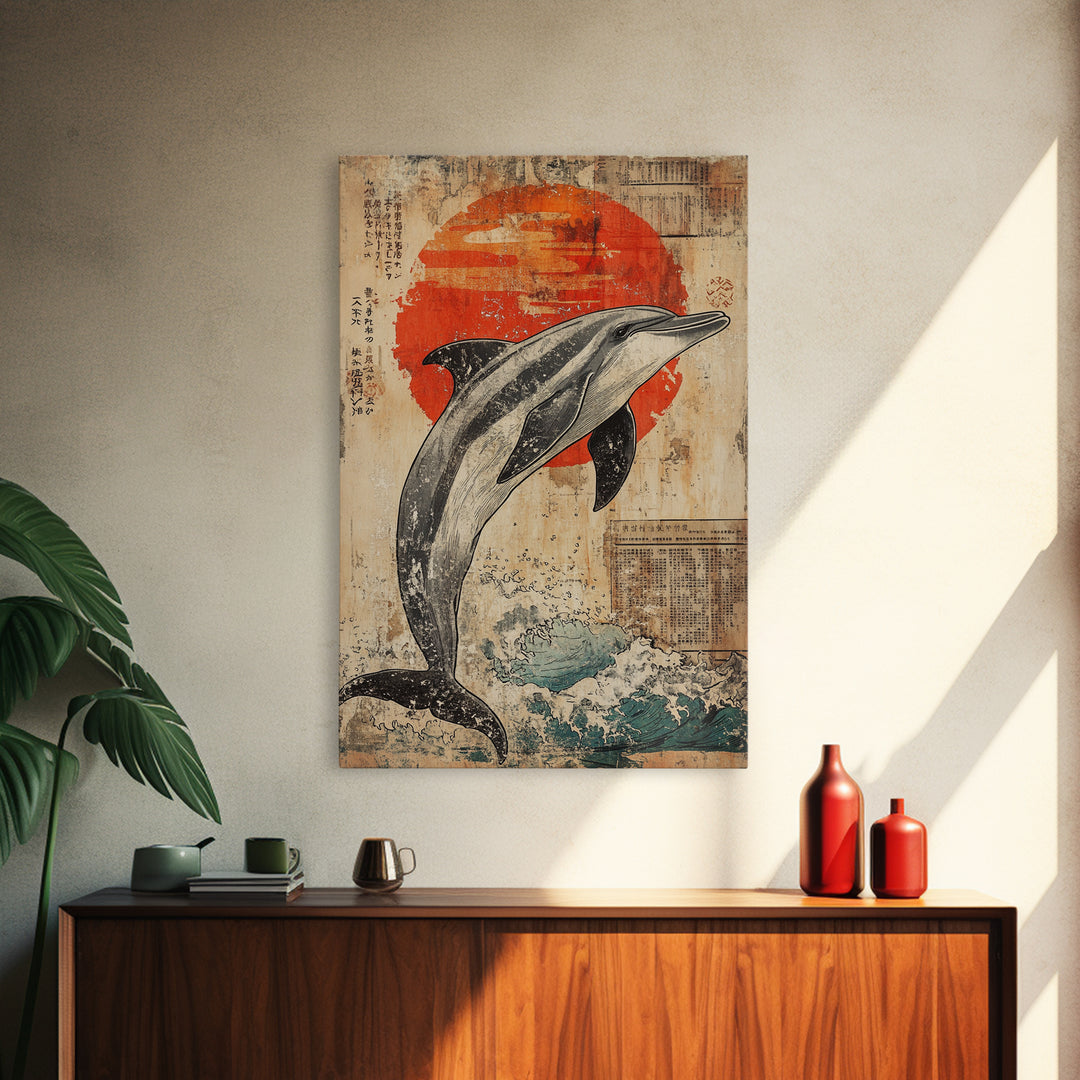 Leaping Dolphin Red Sun Wall Art, Japanese Ocean Print, Nautical Coastal Decor, Sea Life Artwork, Bathroom Canvas Print Gift