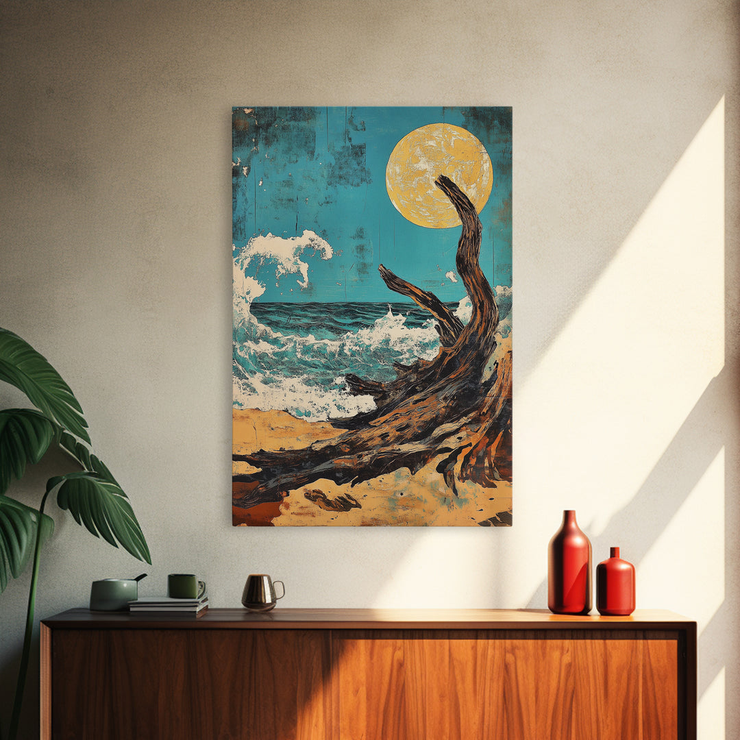 Driftwood Moonlit Ocean Waves Canvas Print, Japanese Coastal Wall Decor, Beach House Art, Teal Nautical Living Room Decor