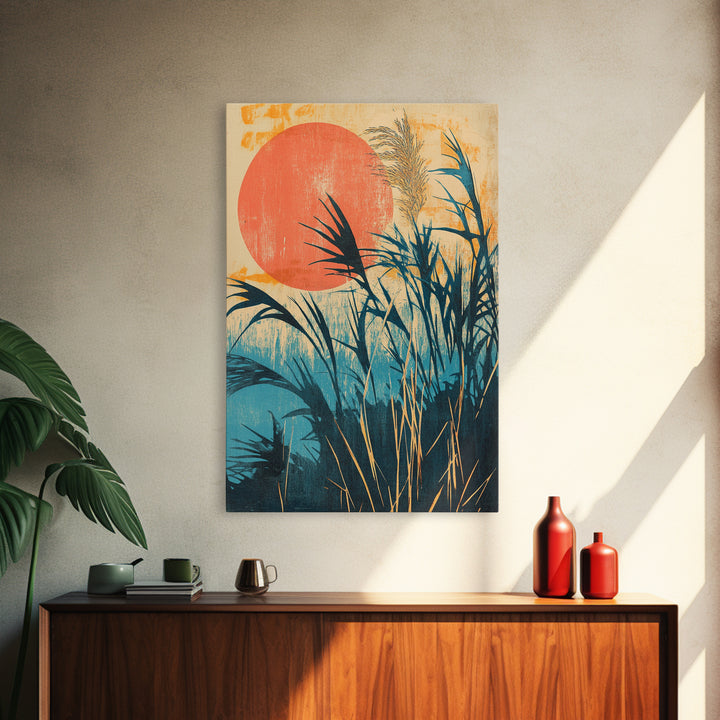 Tropical Reeds Orange Sun Canvas Print, Boho Coastal Wall Decor, Botanical Nature Art For Bedroom And Living Room Decor Gift
