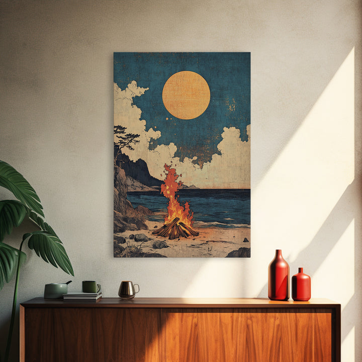 Beach Bonfire Full Moon Framed Canvas Print, Coastal Seascape Wall Art, Rustic Cabin Decor, Nautical Living Room Print Gift